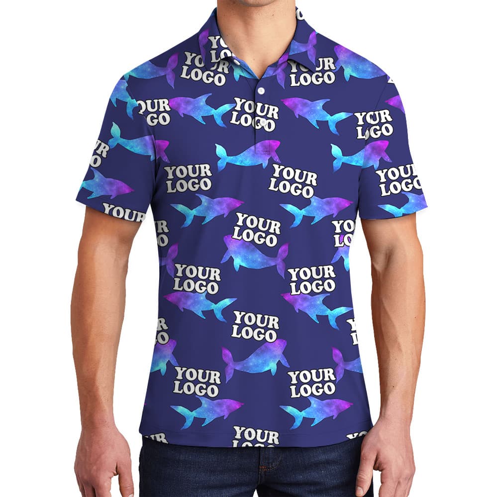 Navy Custom Logo Polo Shirt With Hologram Shark Print