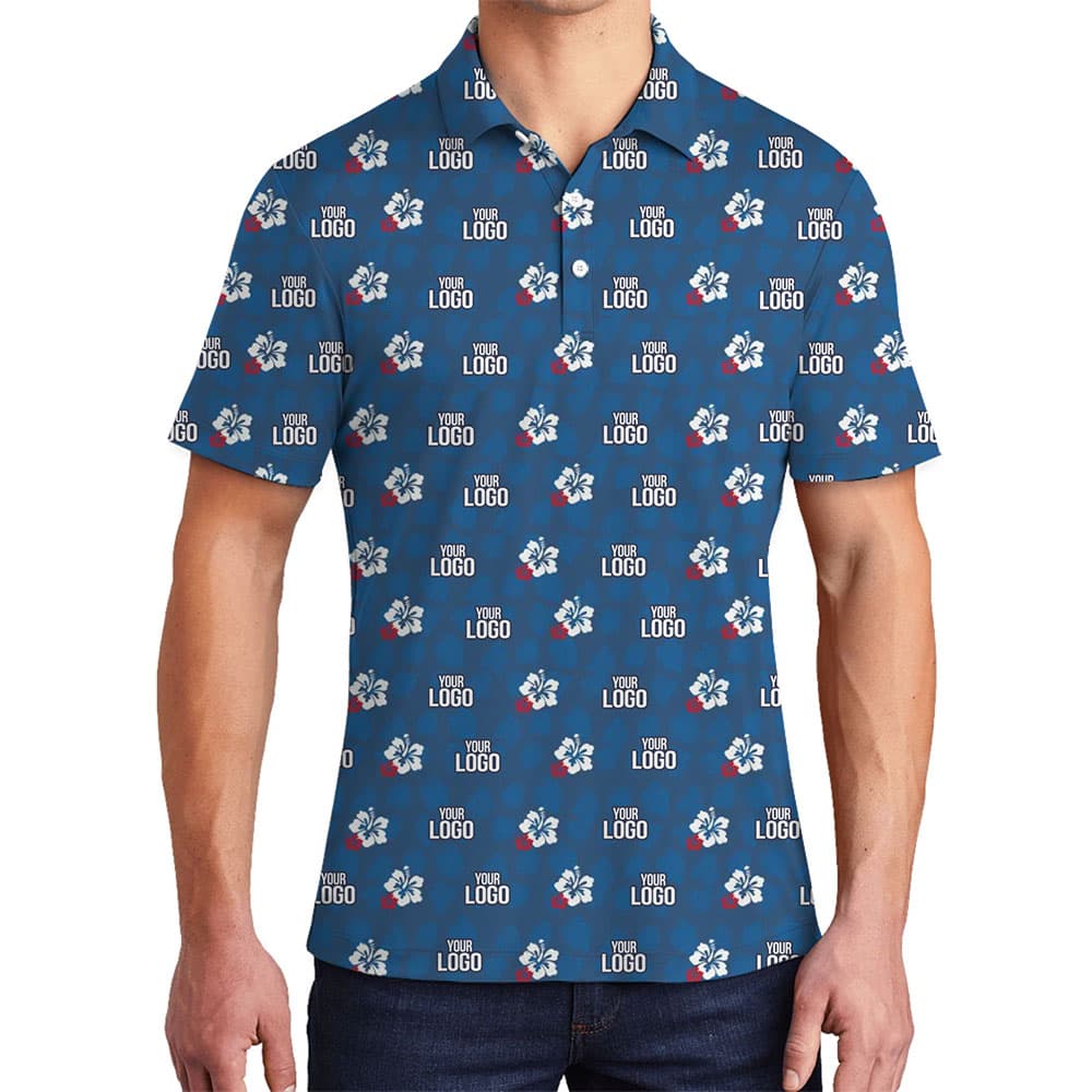 Navy Custom Logo With Small Hibiscus Polo Shirt