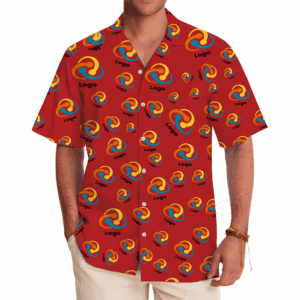 Personal logo shirt in red with a repeating multiple logo pattern, displayed flat.