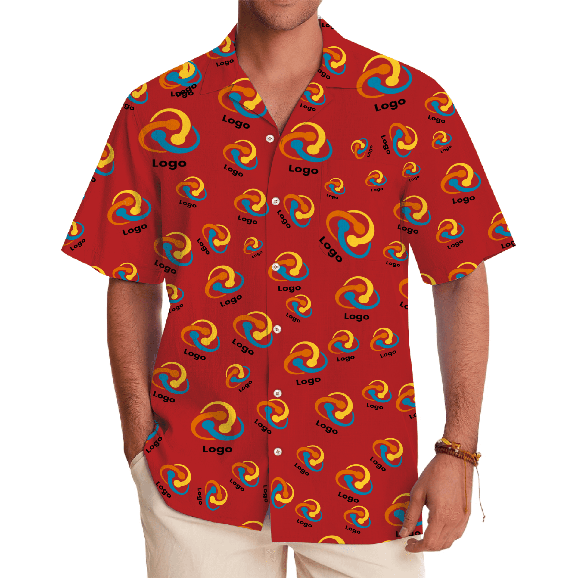 Personal logo shirt in red with a repeating multiple logo pattern, displayed flat.