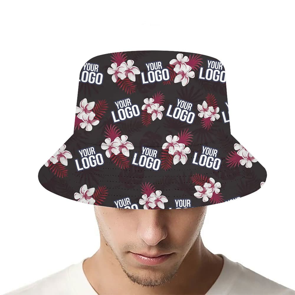 Plumeria With Red Palm Leaf Custom Logo Bucket Hat