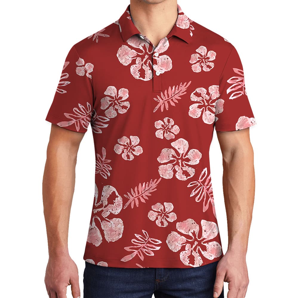 Tropical Custom Logo Red Hibiscus Polo Shirt
