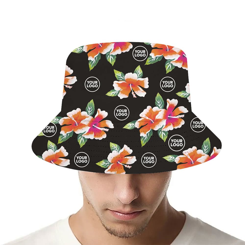 Tropical Hibiscus Floral Pattern Custom Logo Bucket Hat