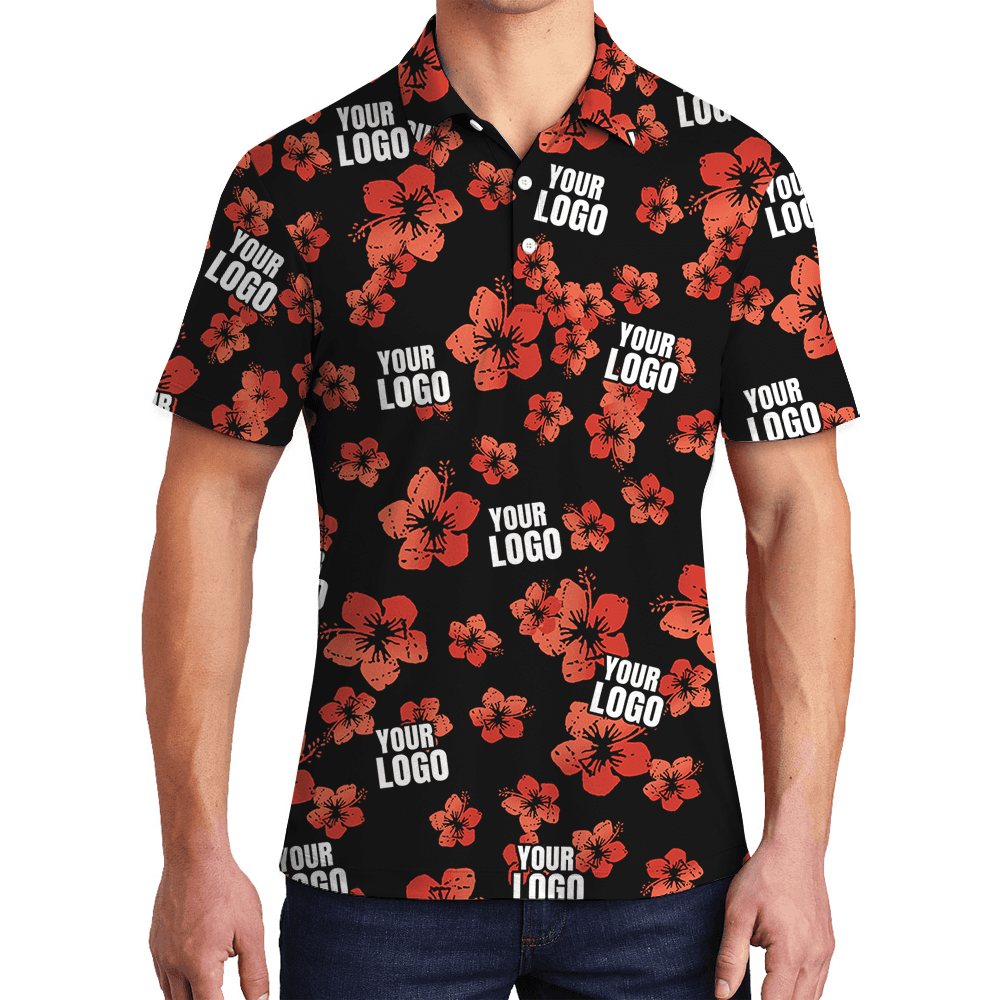 Vintage Custom Logo Black and Red Hibiscus Polo Shirt (1)