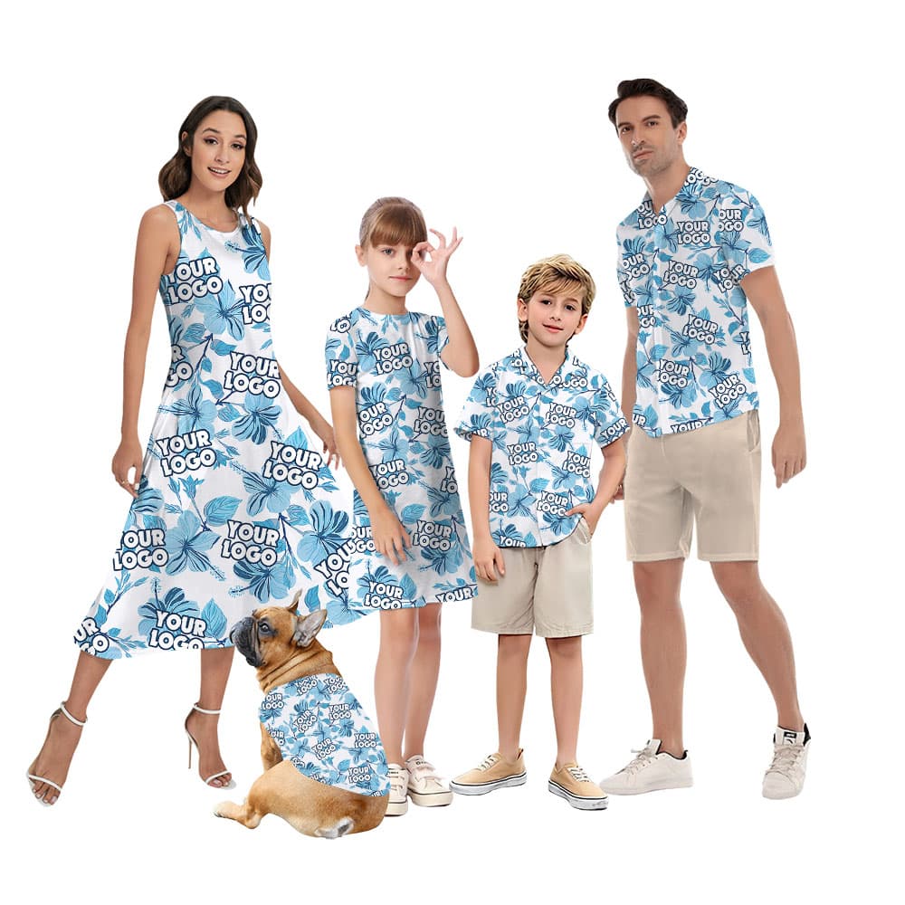 White And Blue Matching Family Hawaiian Shirt With Logo