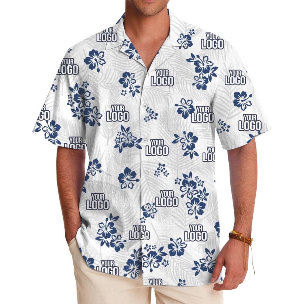 White And Navy Custom Logo Hawaiian Shirt With Preview
