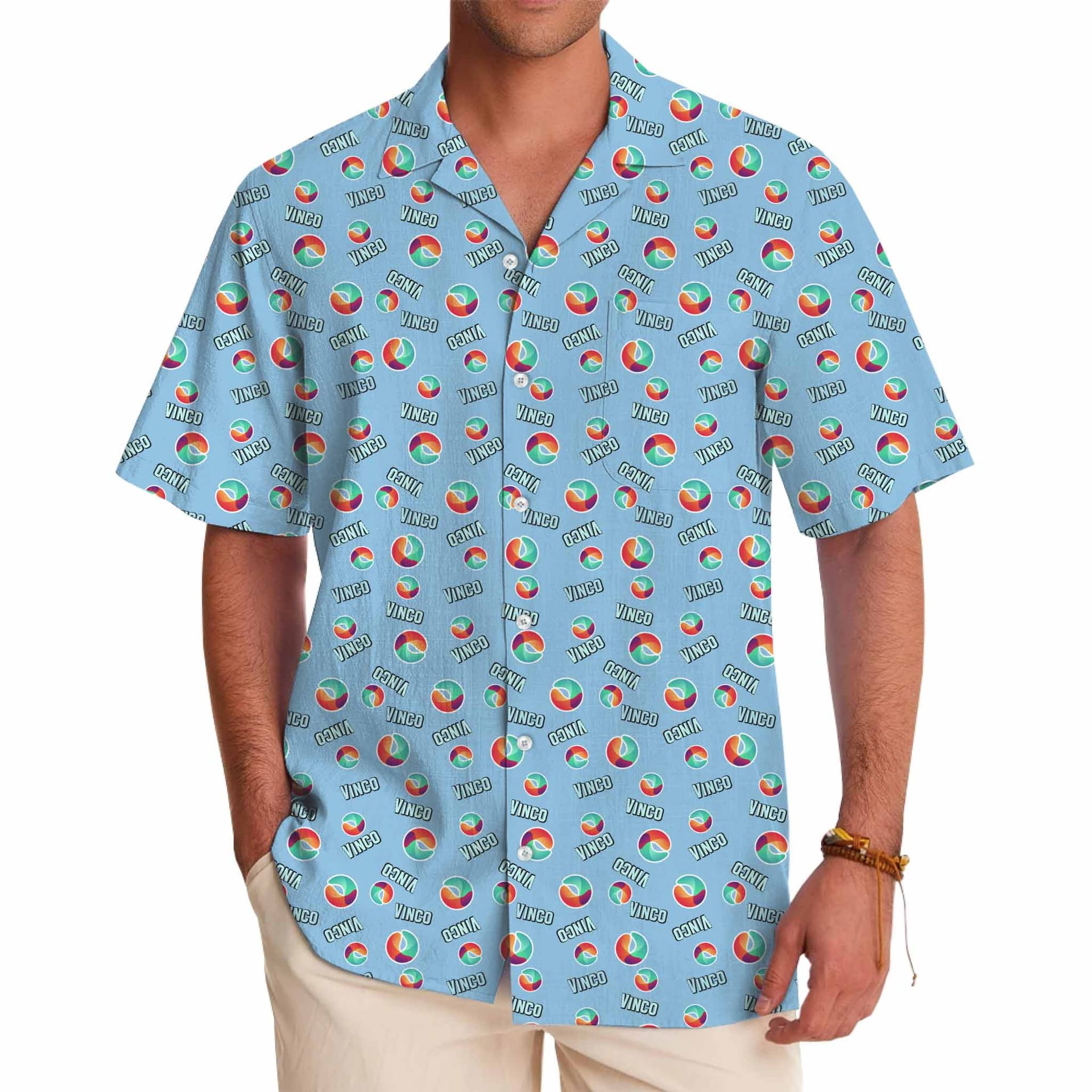 Blue Custom Logo and Name Hawaiian Shirt with Live Preview worn by a model, highlighting the personalized design with logos and names. Blue Custom Logo and Name Hawaiian Shirts with Live Preview