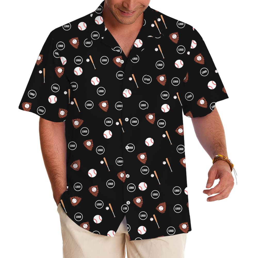 Black Custom Logo Baseball Print Hawaiian Shirt