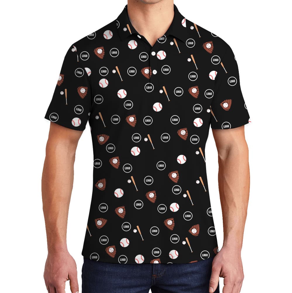 Black Custom Logo Baseball Print Polo Shirt