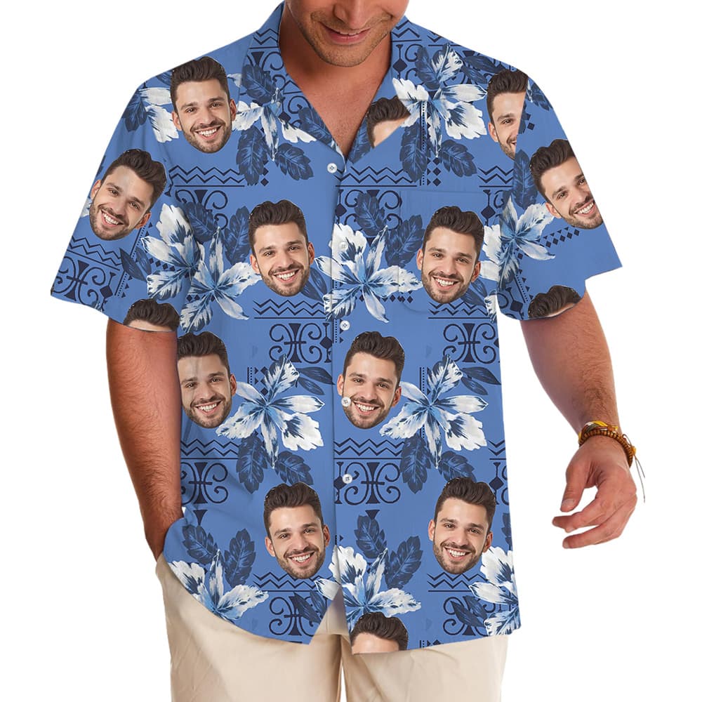 Blue Botanical Pattern Custom Face Hawaiian Shirt