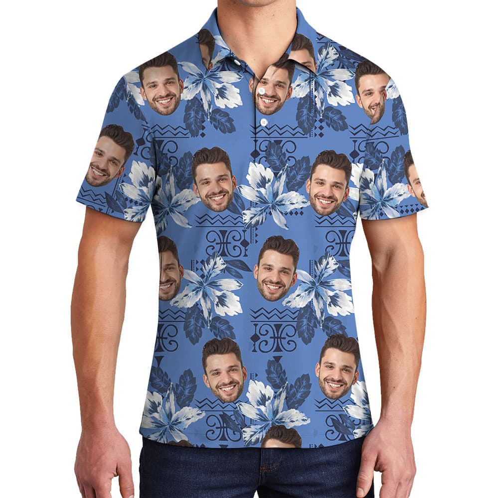 Blue Botanical Pattern Custom Face Polo Shirt