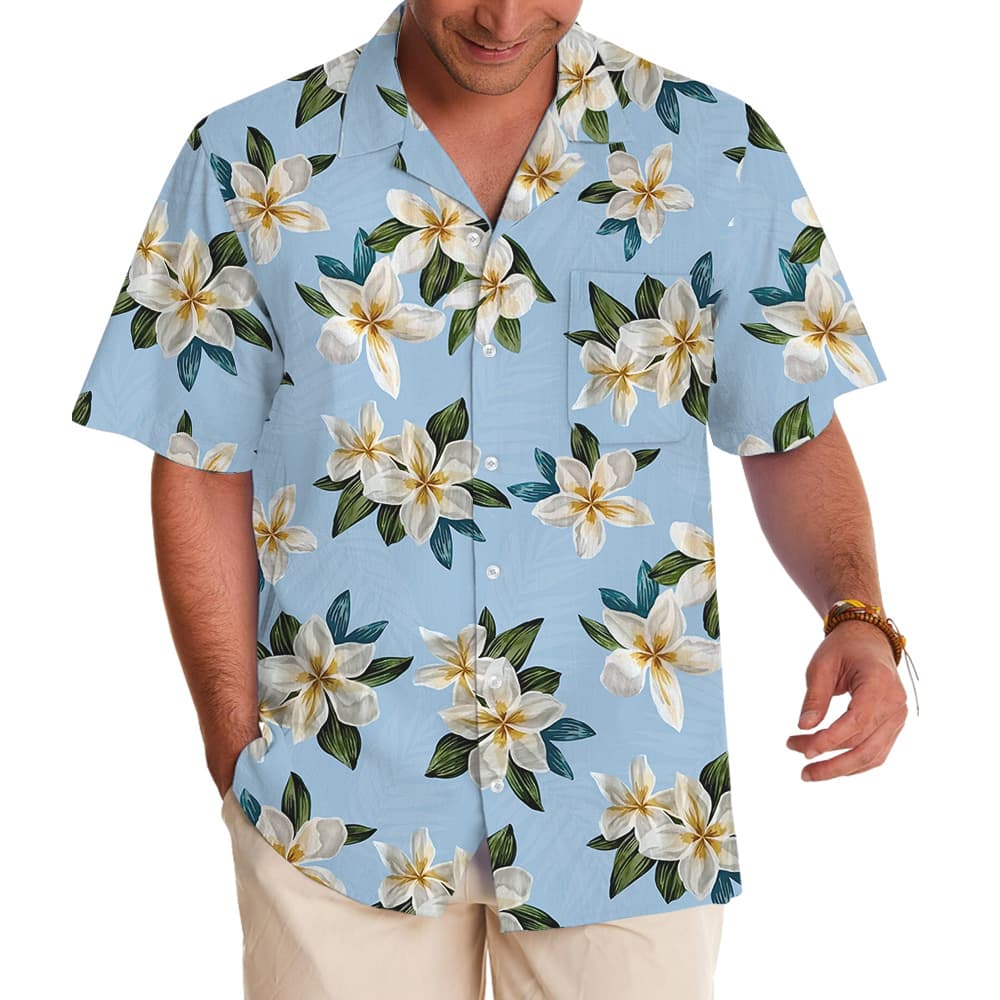 Blue Plumeria Pattern Hawaiian Shirt