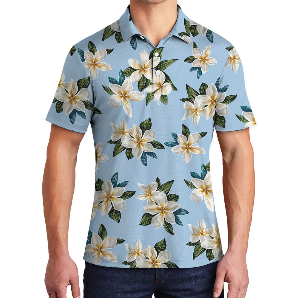 Blue Plumeria Pattern Polo Shirt