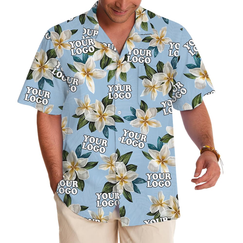 Custom Logo Blue Plumeria Pattern Hawaiian Shirt
