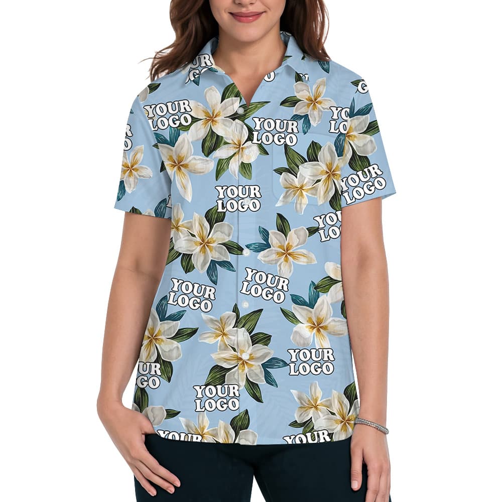 Custom Logo Blue Plumeria Pattern Hawaiian Shirt