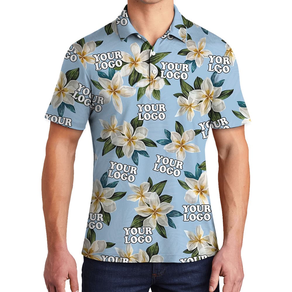 Custom Logo Blue Plumeria Pattern Polo Shirt