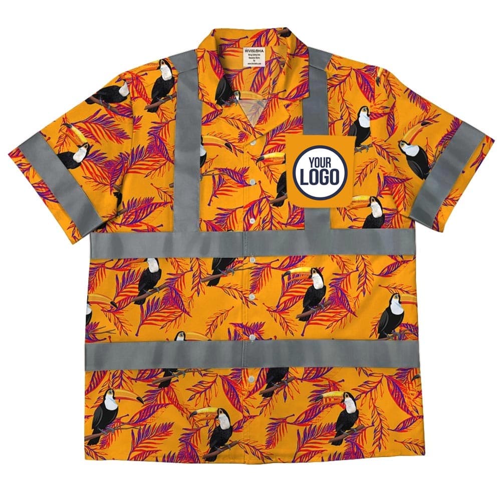 Custom Logo Hi Vis Hawaiian Shirt With Toucan Print