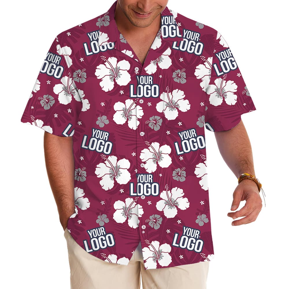 Custom Logo Red Hibiscus Print Hawaiian Shirt