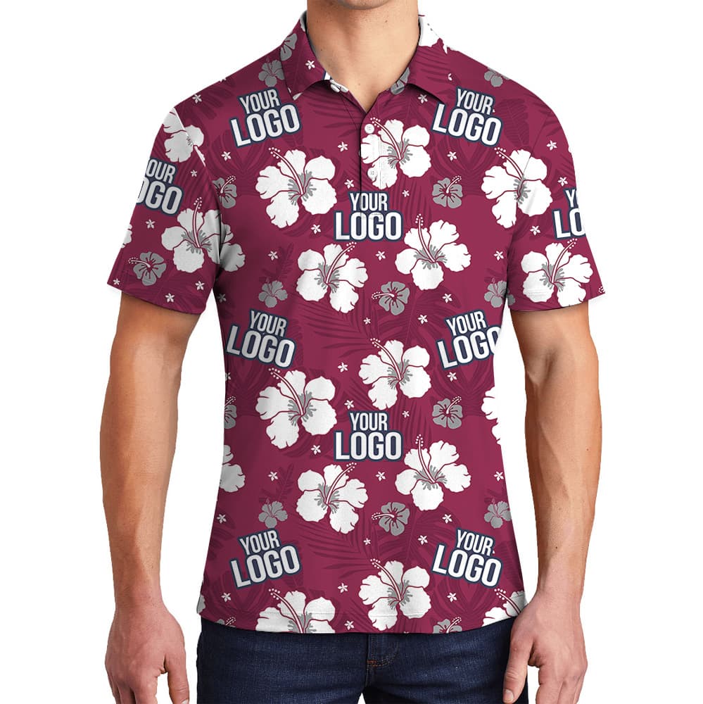 Custom Logo Red Hibiscus Print Polo Shirt