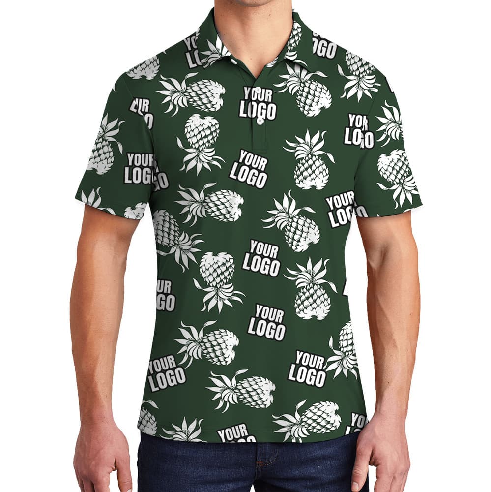 Green Tropical Pineapple Polo Shirt With Custom Logo