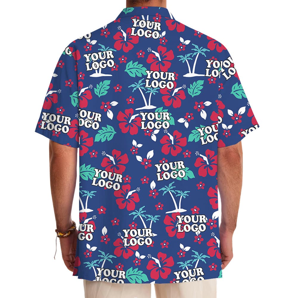 Hawaiian Shirt Navy Custom Logo Tropical Floral Pattern
