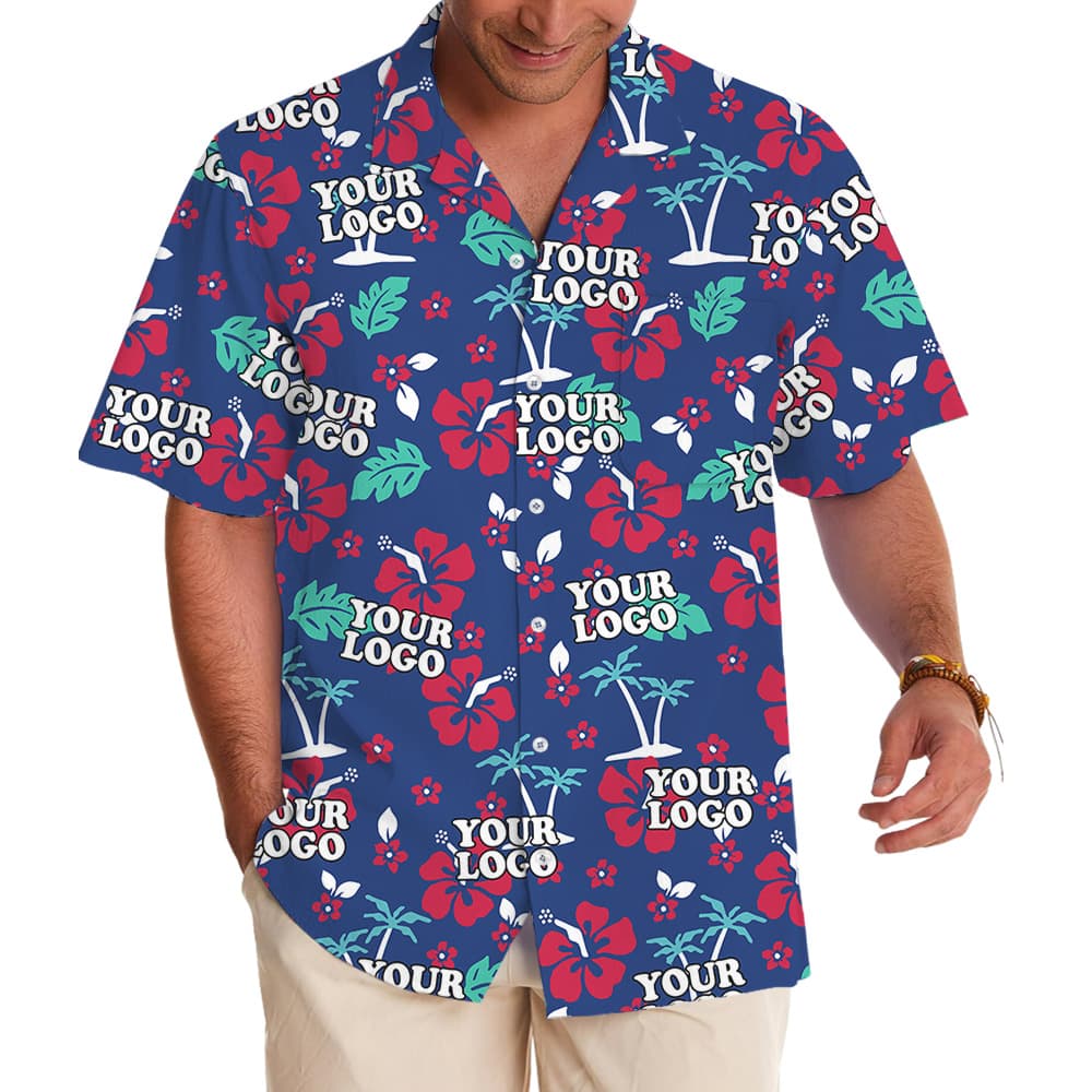 Hawaiian Shirt Navy Custom Logo Tropical Floral Pattern