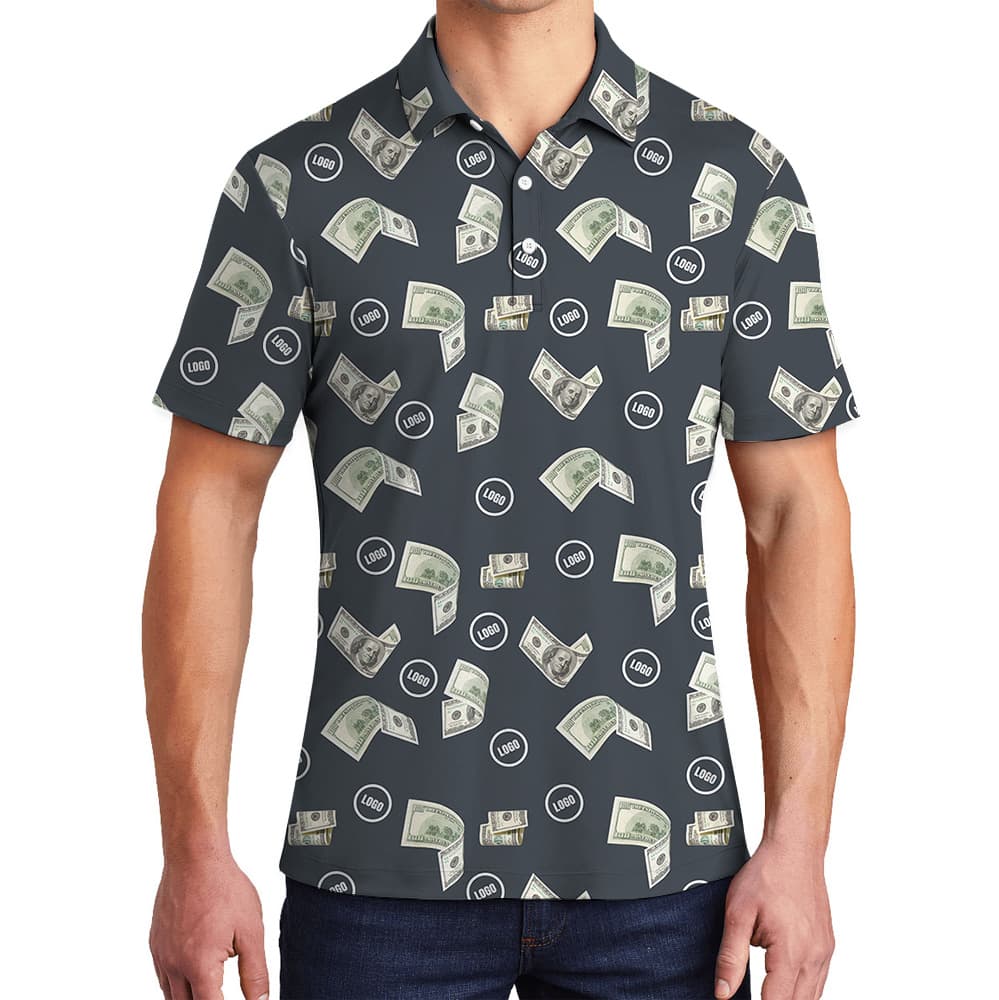 Navy Custom Logo Money Print Polo Shirt