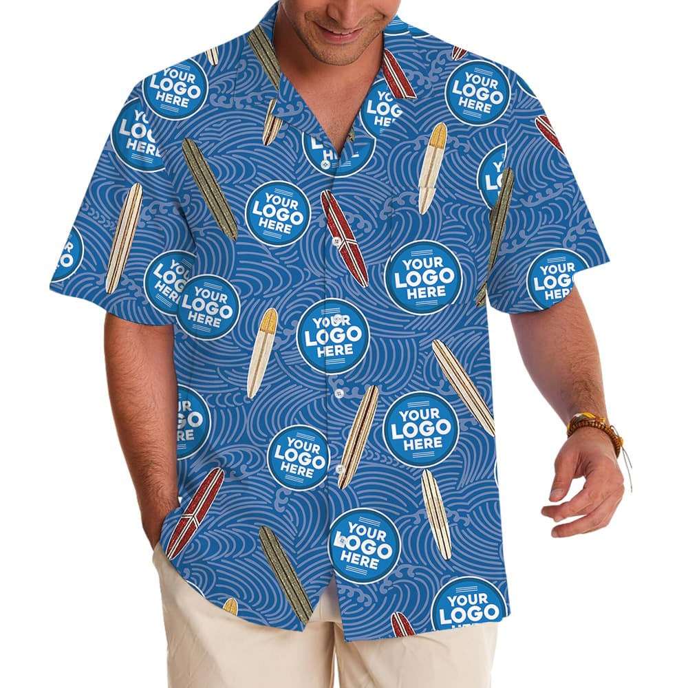 Navy Surfboard Custom Logo Wave Pattern Hawaiian Shirt