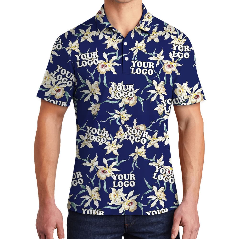 Orchid Bloom On Midnight Blue Custom Logo Polo Shirt
