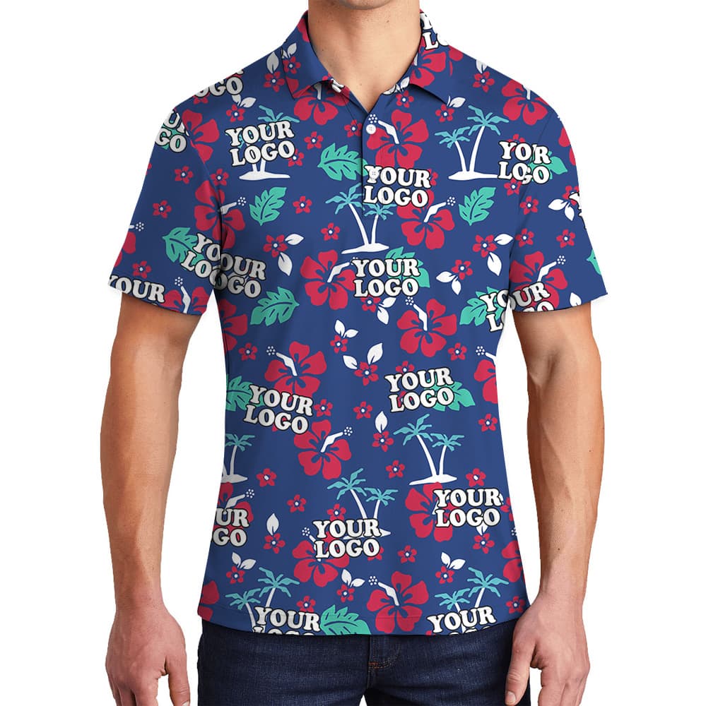Polo Shirt Navy Custom Logo Tropical Floral Pattern