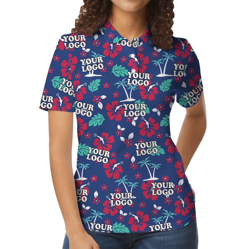 Polo Shirt Navy Custom Logo Tropical Floral Pattern