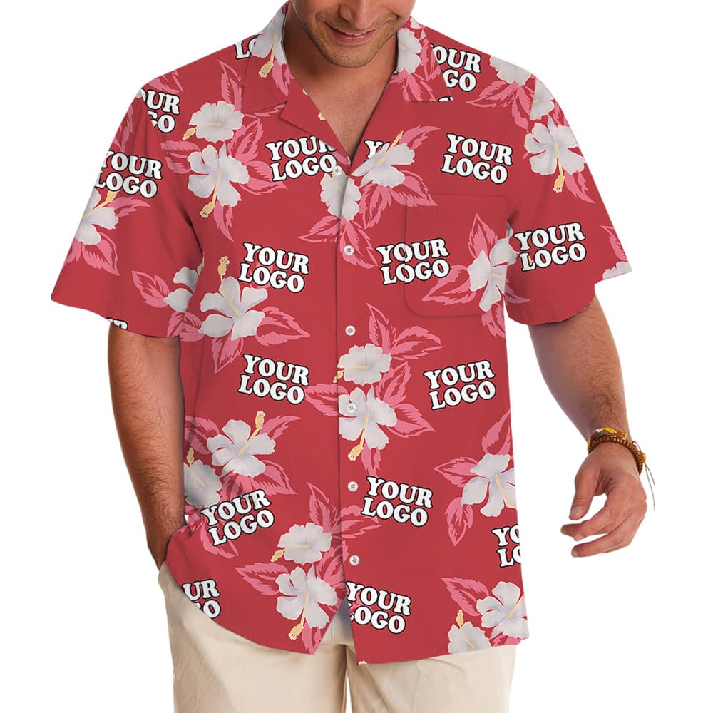 Red Custom Logo Hibiscus Pattern Hawaiian Shirt