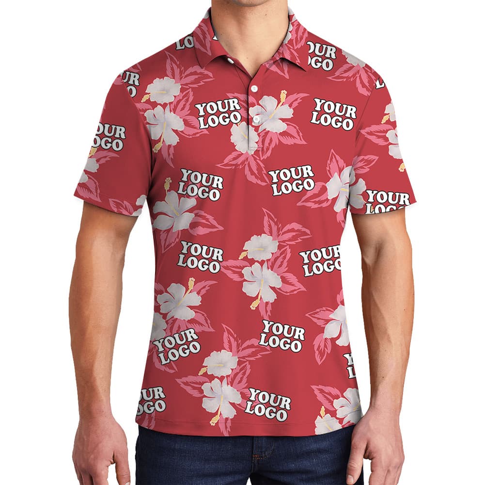 Red Custom Logo Hibiscus Pattern Polo Shirt
