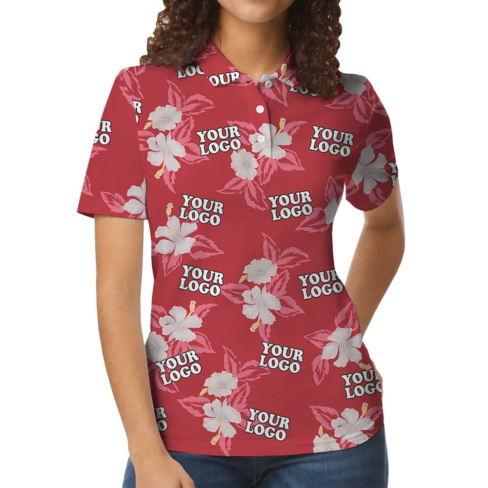 Red Custom Logo Hibiscus Pattern Polo Shirt