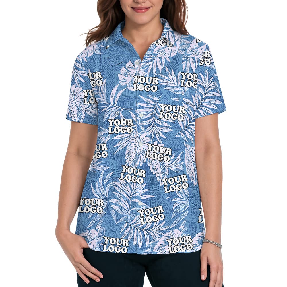 Tribal Blue Custom Logo Sketchy Tropical Leaf Hawaiian Shirt