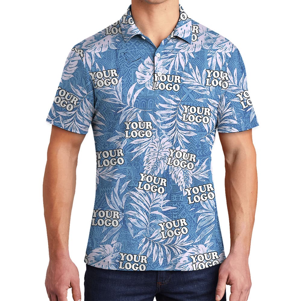 Tribal Blue Custom Logo Sketchy Tropical Leaf Polo Shirt