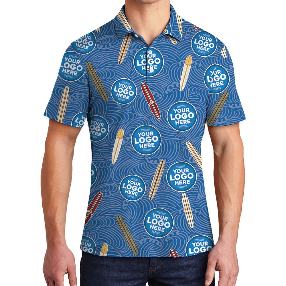 Navy Surfboard Custom Logo Wave Pattern Polo Shirt