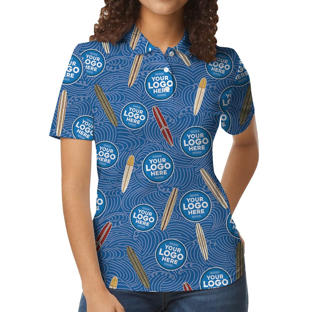 Navy Surfboard Custom Logo Wave Pattern Polo Shirt