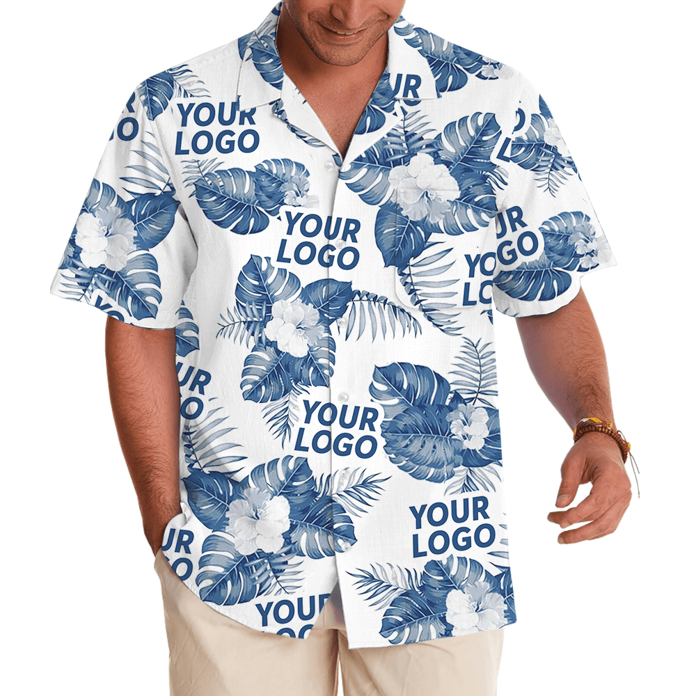 White Custom Logo Hawaiian Shirt With Big Tropical Leaves