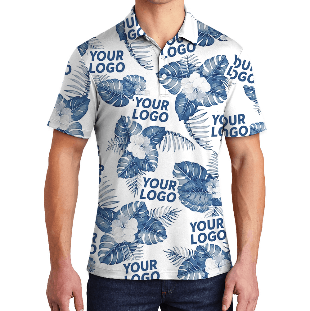 White Custom Logo Polo Shirt With Big Tropical Leaves