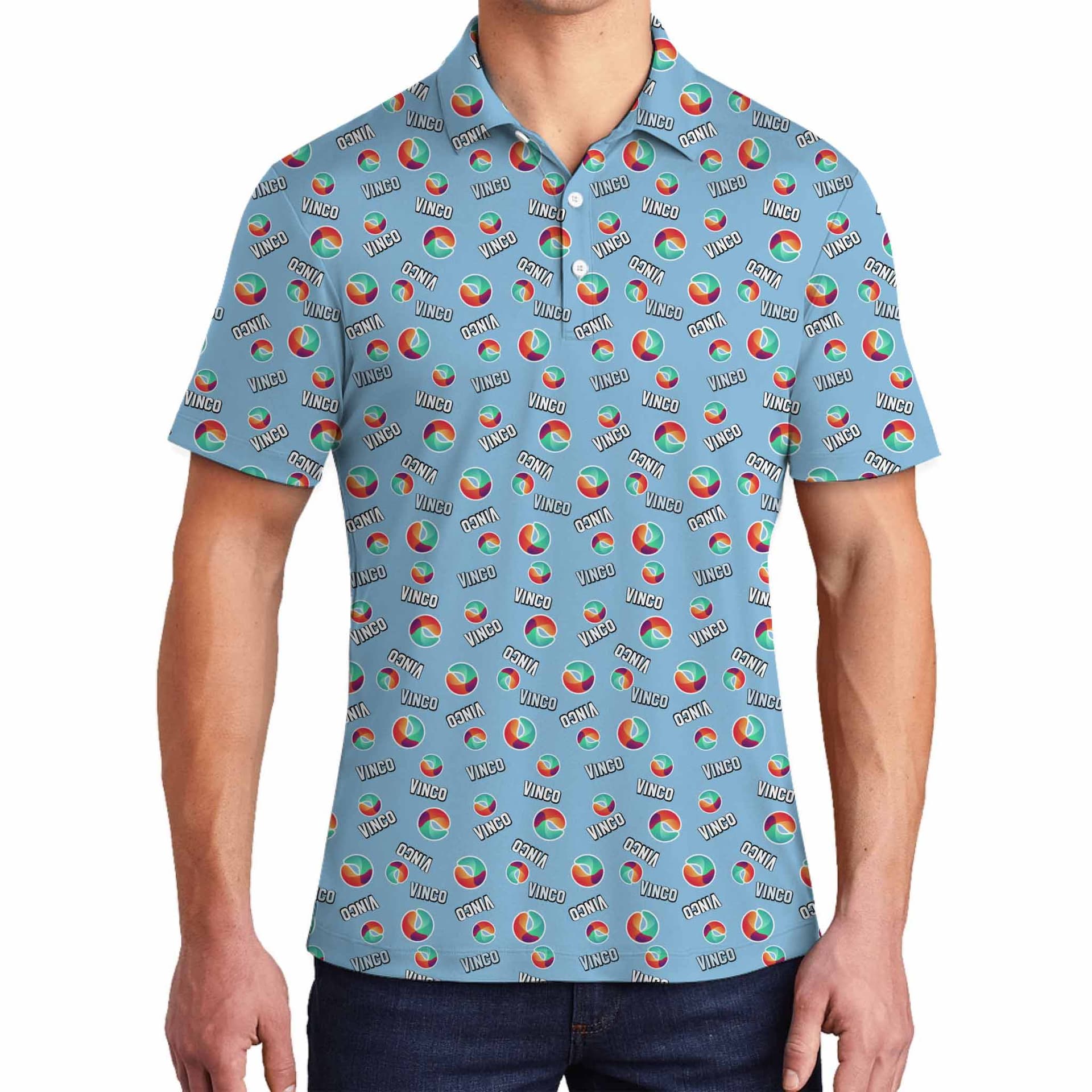 Blue Custom Name and Logo Polo Shirt with Live Preview, showcasing vibrant, colorful logos and personalized names.