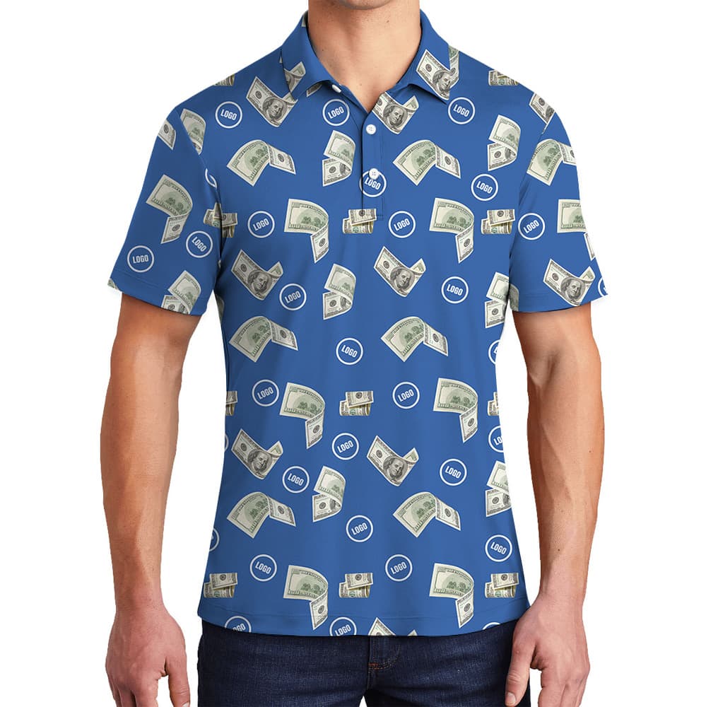 Blue Custom Logo Dollar Bill Pattern Polo Shirt