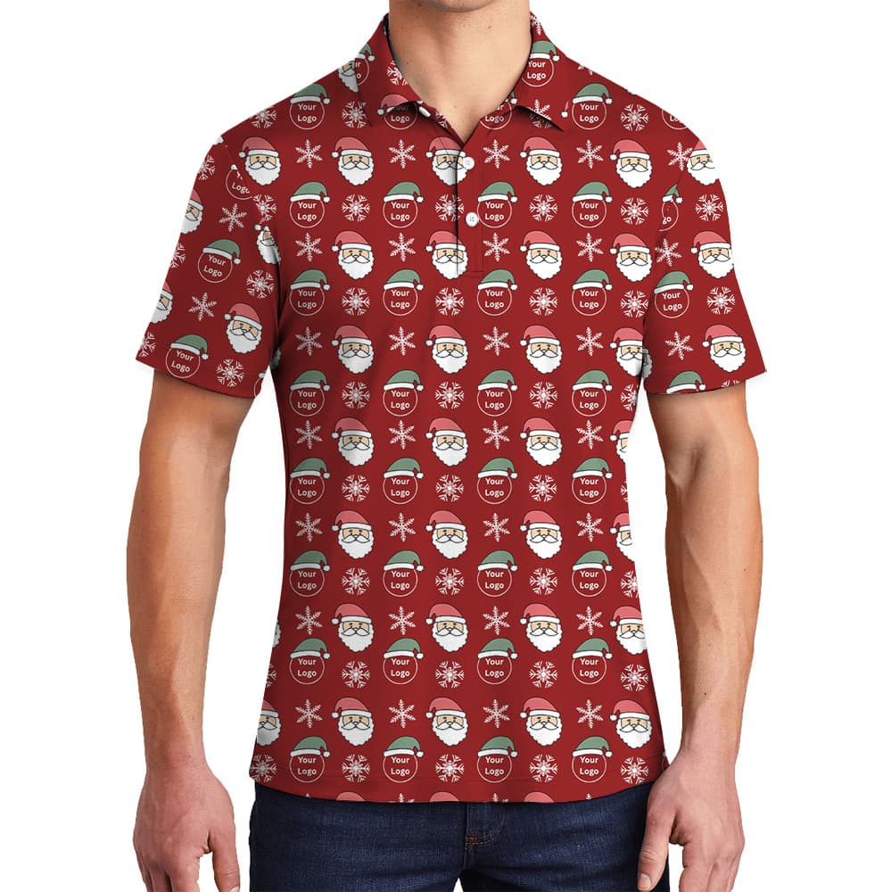 Santa And Snowflake Red Custom Logo Christmas Polo Shirt