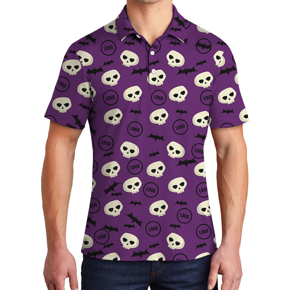 Custom Logo Purple Halloween Bats Skulls Polo Shirt