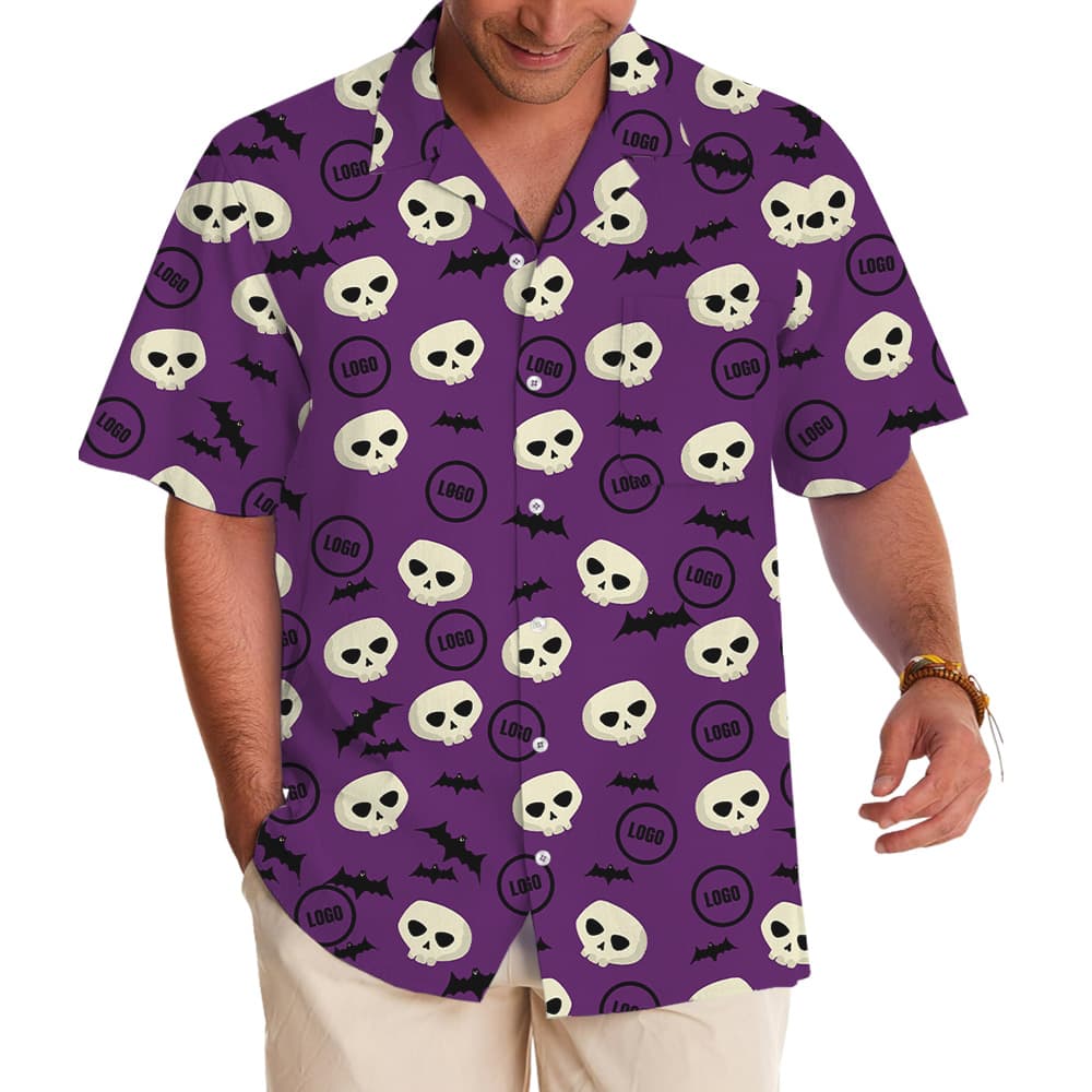 Purple Halloween Skulls And Bats Custom Logo Hawaiian Shirt
