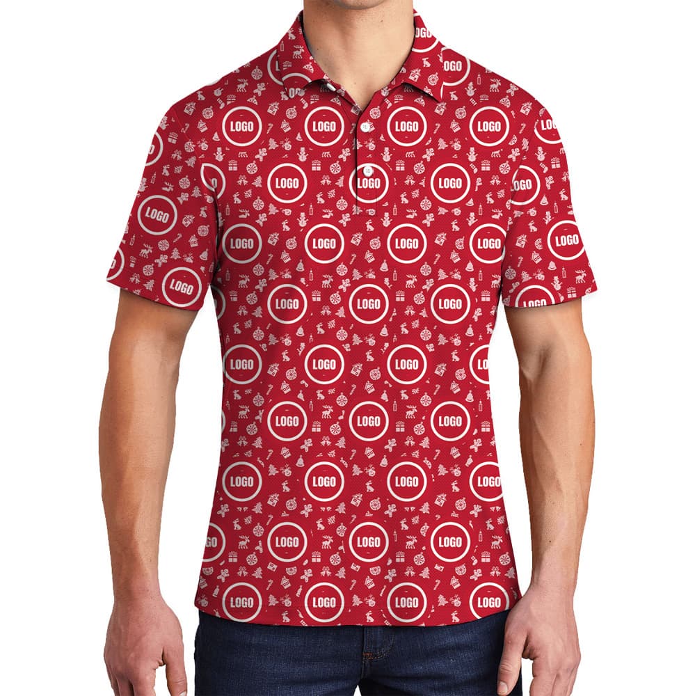 Red Custom Logo Christmas With Small Icons Polo Shirt