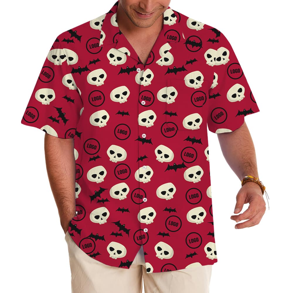 Red Halloween Skulls Bats Custom Logo Hawaiian Shirt