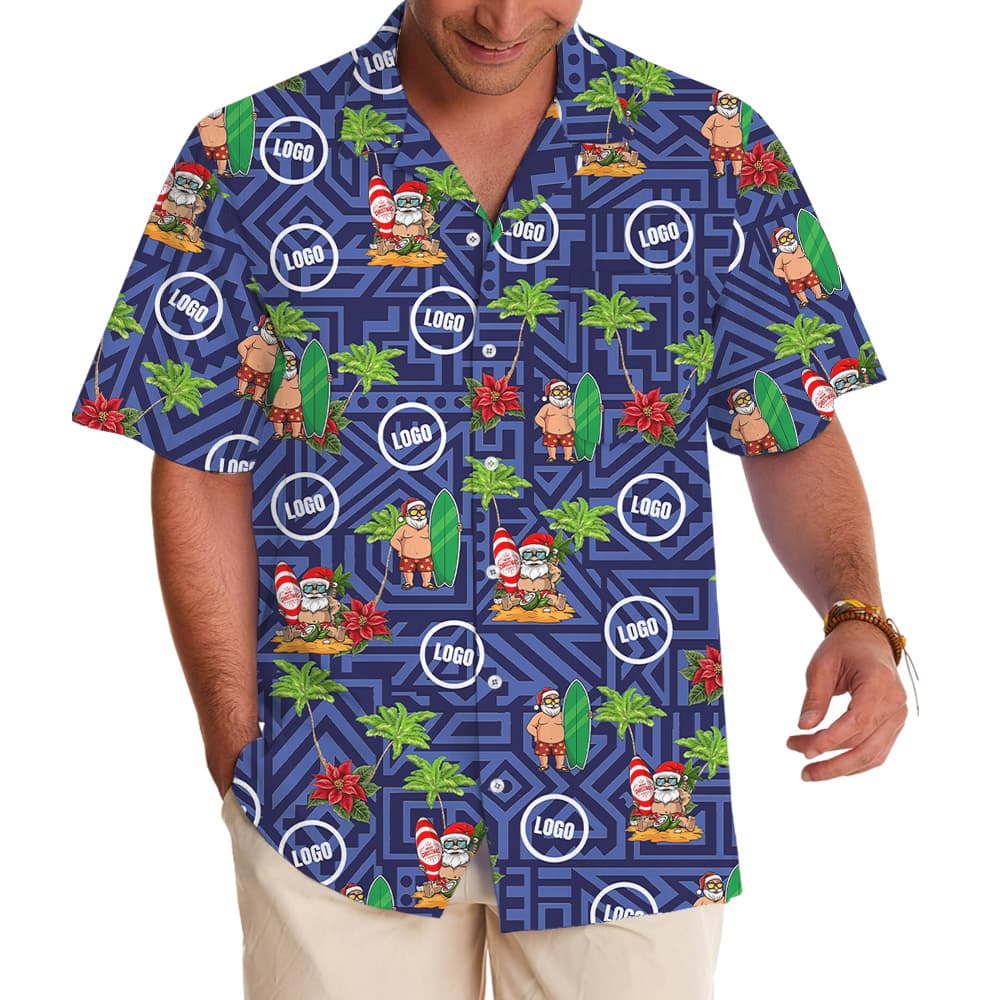 Geometric Blue Surfing Santa Tropical Hawaiian Shirt Christmas Custom Logo