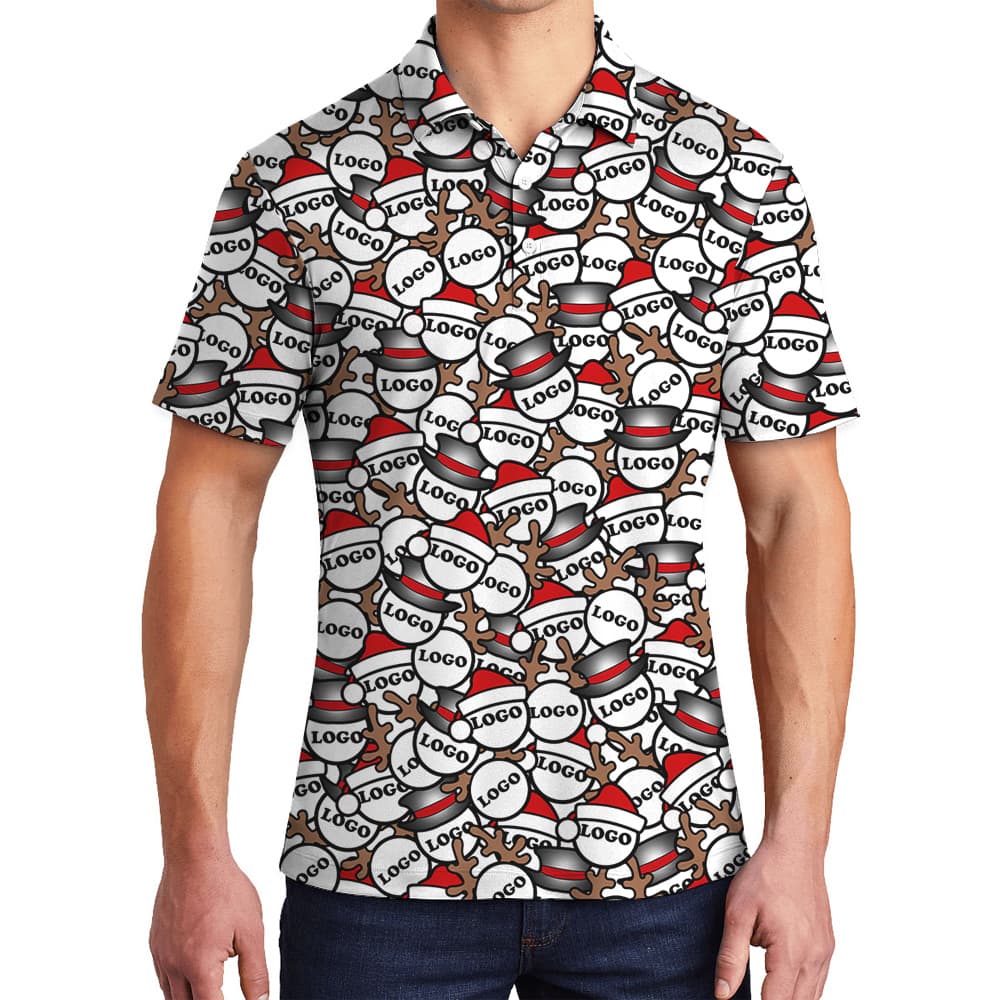 Santa And Antlers Repeat Pattern Polo Shirt Christmas Custom Logo
