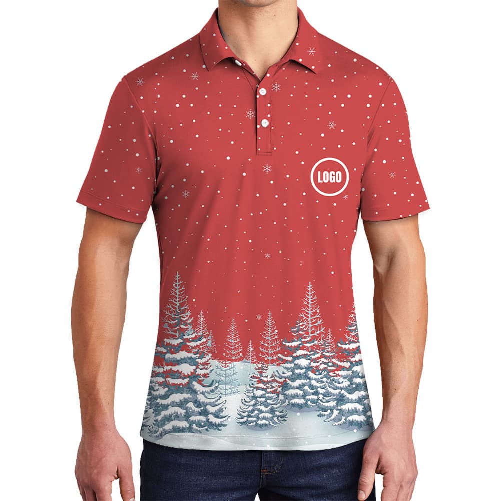 Snowfall Winter Forest Custom Logo Christmas Polo Shirt